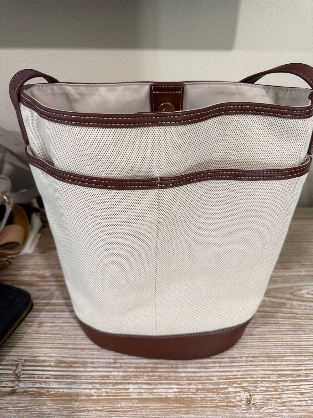 LOFT Cream Canvas and Brown Trim Bucket Bag